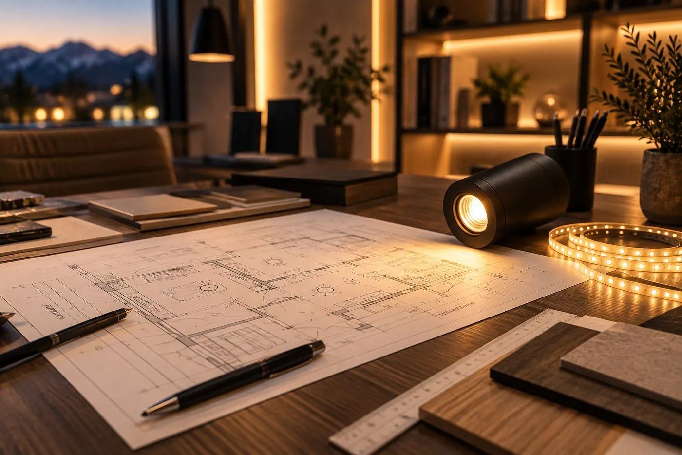 Grundriss, Stift und Kaffeetasse auf einem Schreibtisch im Abendlicht