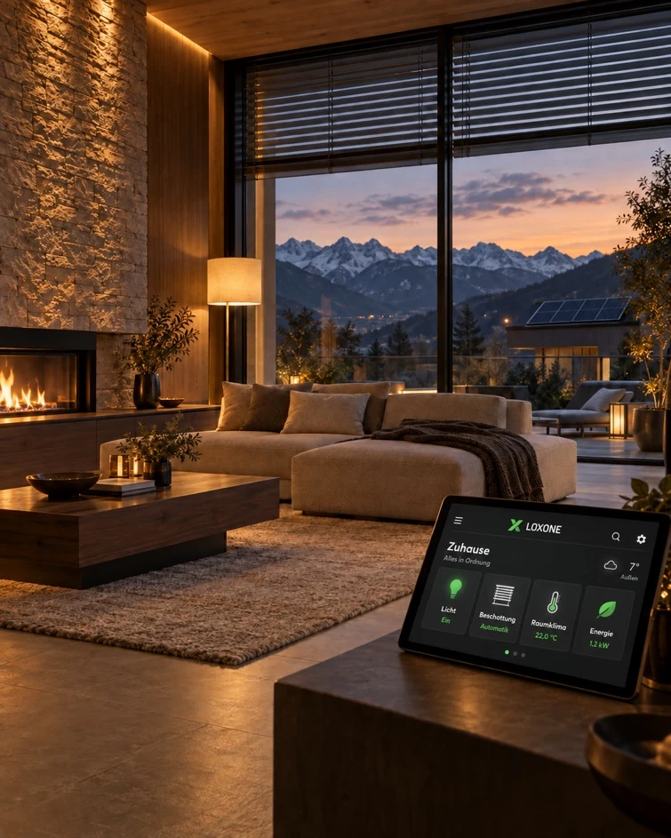 Wohnraum am Abend mit Loxone-Tablet: Licht, Beschattung, Raumklima und Energie auf einer Oberfläche